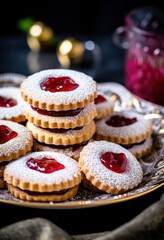 a white dish has some pink cookies and jam on it