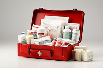 Large open red first aid kit with a white cross with pills and various first aid medications inside. Isolated on white background - obrazy, fototapety, plakaty