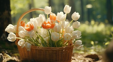 bouquet of white tulips in a basket