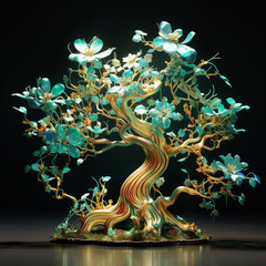 A lush jade setting adorned with 3D intricate flower designs in a palette of captivating colors,...