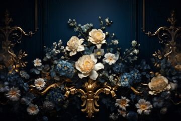 A luxurious interior mural wallpaper adorned with opulent 3D floral arrangements, intertwined with an elegant golden dark blue damask pattern, creating a lavish atmosphere.