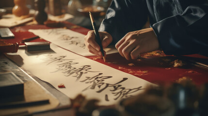 Fototapeta na wymiar Calligraphy artists writing Spring Festival couplets.