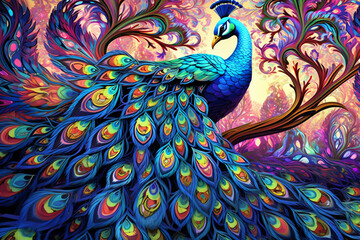 A mesmerizing 3D intricate peacock kaleidoscope in kaleidoscopic hues, unfurling against a vibrant psychedelic backdrop, with a tree mimicking the patterns in vivid colors.