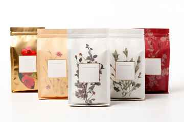 Luxury sealed dry flower or tea bags on white background with copy space. Mockup
