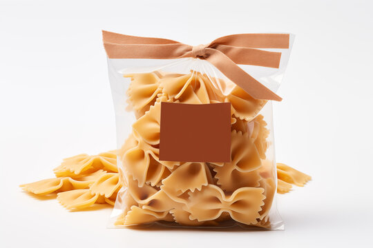 Farfalle pasta in a transparent plastic bag on a white background. Mock up