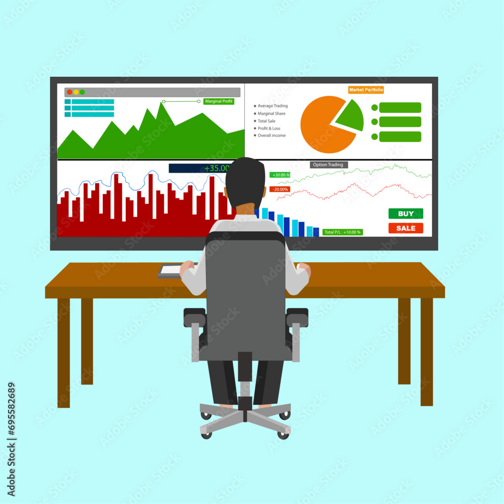Fototapete stock market trader Businessman working at large office desk with big computer monitor showing online financial graph data analysis research web designing looking Share market graphics strategy idea.