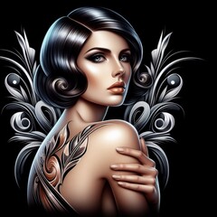 Woman with bare shoulders in airbrush art deco style