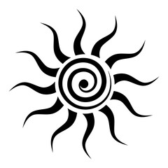 Black Tribal Sun Tattoo Sonnenrad Symbol sun wheel sign. Summer icon. The ancient European esoteric element. Logo Graphic element spiral shape. Vector tattoo design isolated or white background - 695582647