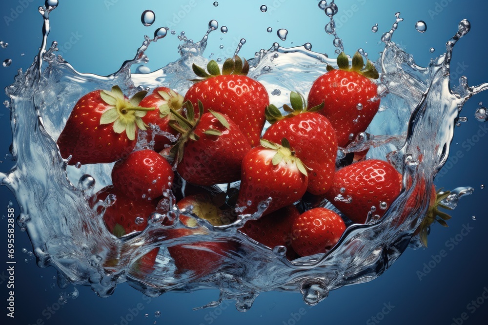 Poster a group of strawberries floating in water with splashes of water on the bottom of the image and the 
