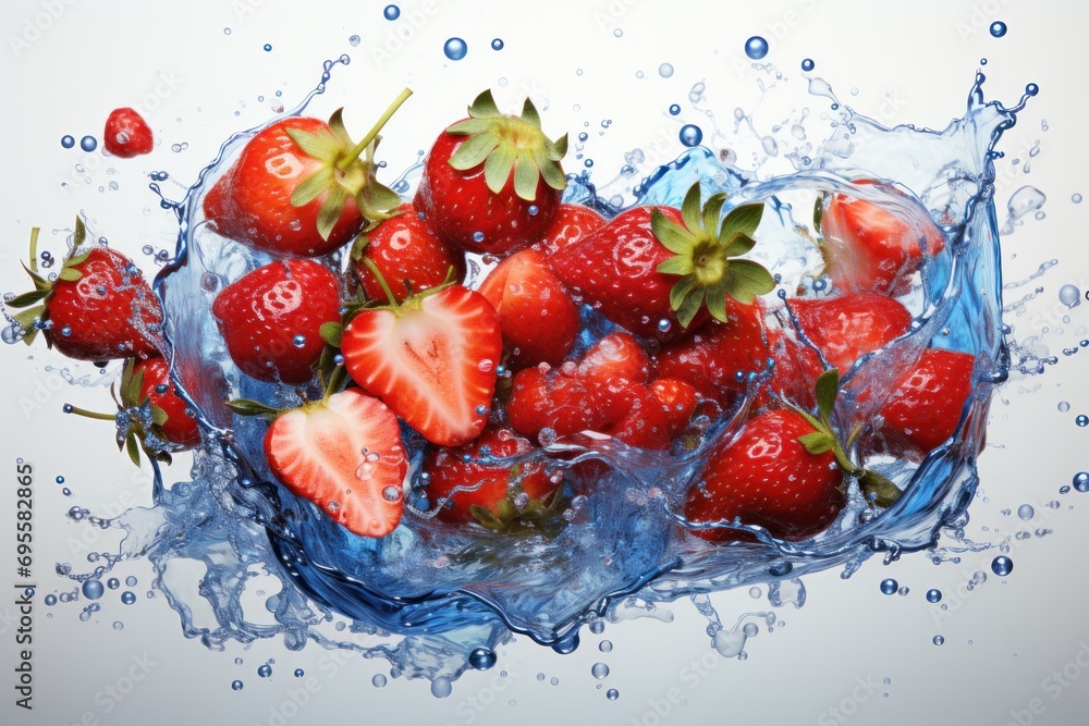 Poster  a group of strawberries floating in water with splashes of water on the bottom of the image and the bottom of the strawberries on the bottom of the water.