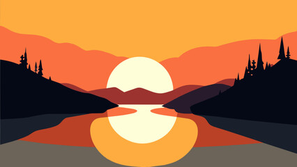 Minimalist sunset over a tranquil lake. vektor icon illustation