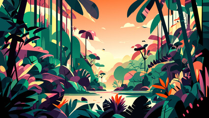 Lush rainforest with exotic flora and fauna. vektor icon illustation - obrazy, fototapety, plakaty