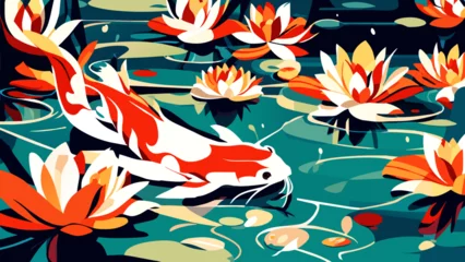 Foto op Canvas Koi fish swimming in a pond with water lilies. vektor icon illustation © Bendix