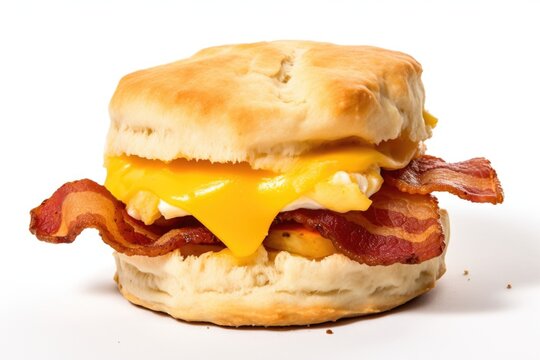 Bacon, egg, and cheese biscuit on white background