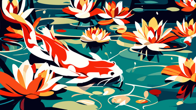 Koi fish swimming in a pond with water lilies. vektor icon illustation