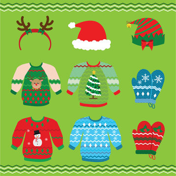 set de ilustracion vectorial de elementos de ropa navide&ntilde;os 