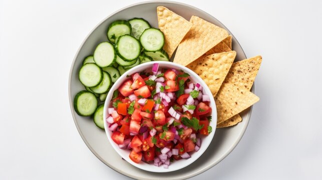 A plate with a bowl of tomato red onion and cucumber salad