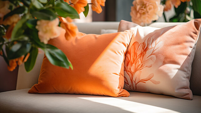 textile pillows in the interior trend color apricot crush