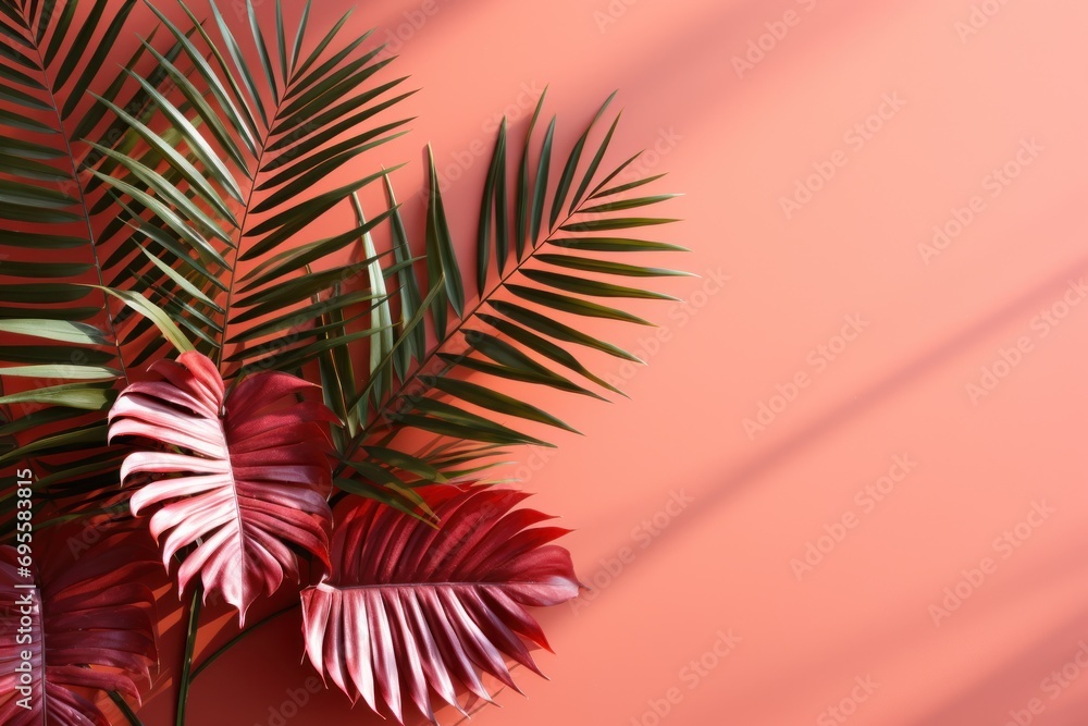 Poster a close up of a palm leaf on a pink background with a shadow of a palm tree on the left side of the 