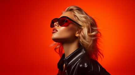 A woman wearing a pair of sunglasses and a leather jacket against an orange background. - obrazy, fototapety, plakaty