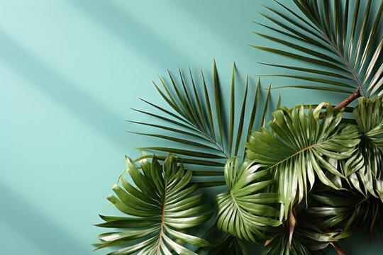  a close up of a green leafy plant on a blue background with a shadow of a palm tree on the left side of the image and a blue background.