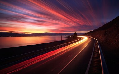 Obraz premium A long exposure photo of the road on the highway at a sunset