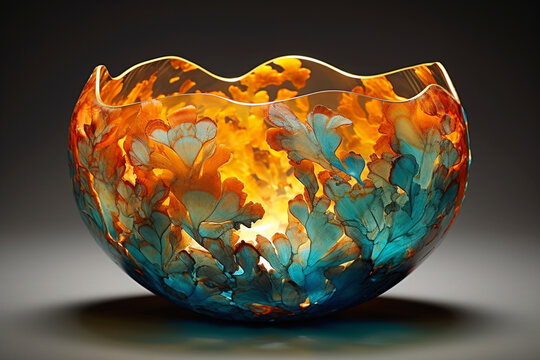 Mosaic-inspired teal and marigold liquid marble blossoms flourishing within a sunset-orange resin geode artistry.