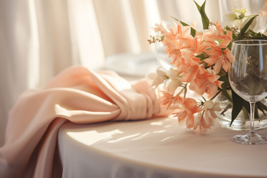 A table with peach fuzz color flowers a pink tablecloth and fabric wine glass Wedding dinner set up. Celebration Copy space
