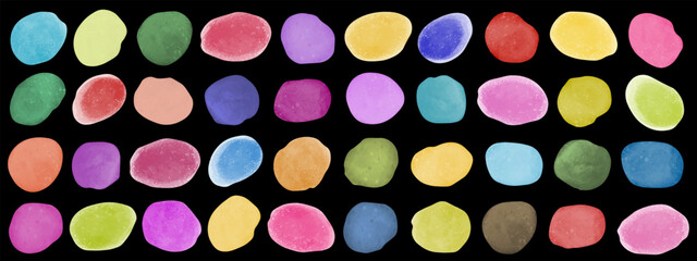 Set of abstract colorful watercolor brush strokes isolated on black background. Hand drawn design elements collection. Vector illustration