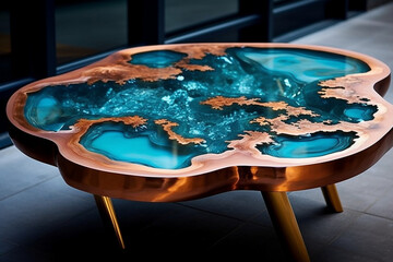 Vibrant teal and rose-gold liquid marble blossoms dancing across a mesmerizing ocean-blue resin...