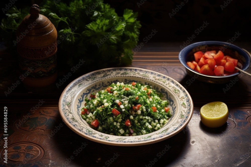 Poster a close up of a bowl of food on a table with a lemon and a bowl of vegetables on a table with a lemo