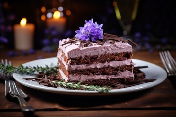  a piece of cake sitting on top of a white plate next to a fork and a purple flower on top of a piece of cake on top of a white plate.