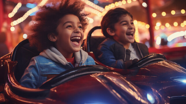 Kids excitedly riding bumper cars.