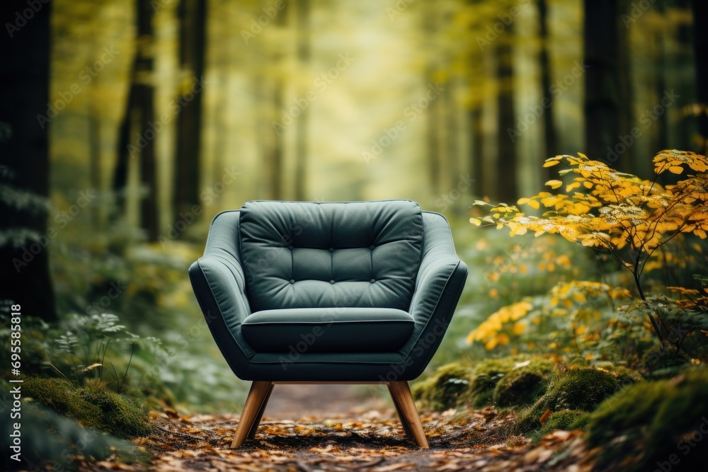 Poster a chair sitting in the middle of a forest with a path in front of it and a yellow tree in the middle