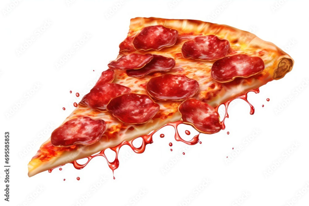 Poster a slice of pepperoni pizza on a white background with blood dripping from the top of the slice and t