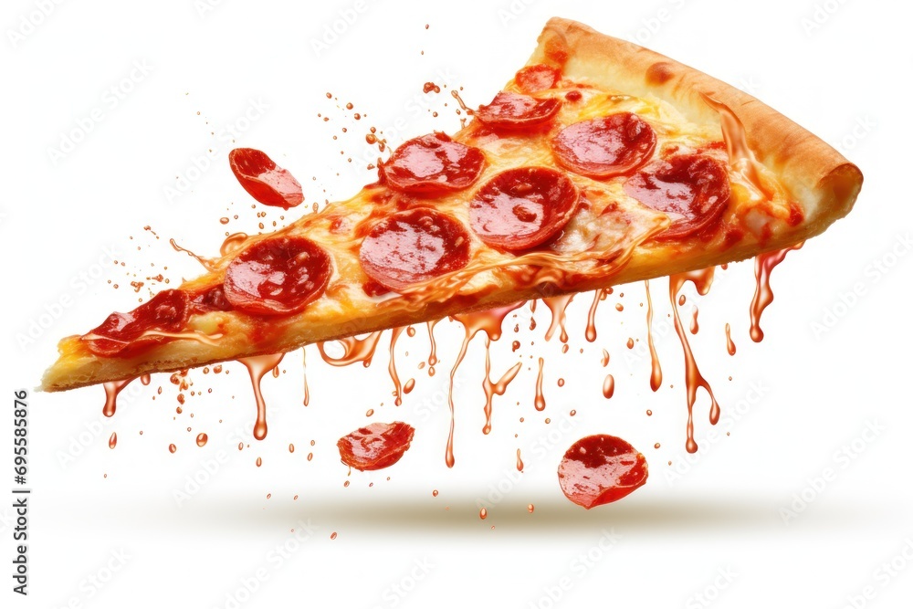 Poster a slice of pepperoni pizza falling into the air with a splash of sauce on the top of the slice and o