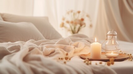 Fototapeta na wymiar A cozy bedroom scene with a lit candle and flowers Generative AI