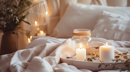 Fototapeta na wymiar A cozy bedroom scene with a lit candle and a jar of candles Generative AI