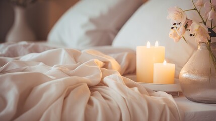 Fototapeta na wymiar A cozy bedroom scene with lit candles and a white comforter Generative AI
