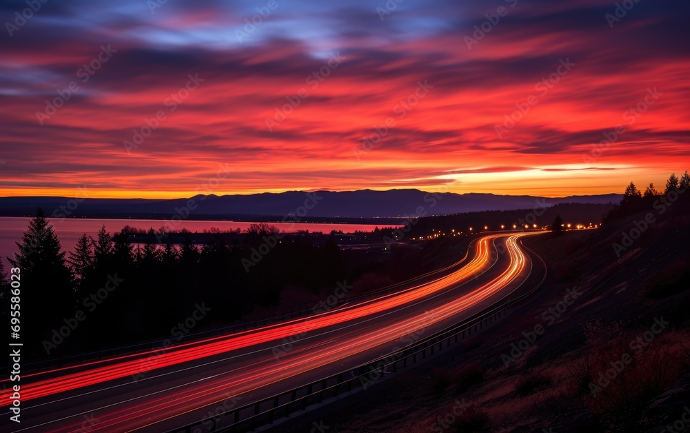 Wall mural A long exposure photo of the road on the highway at a sunset