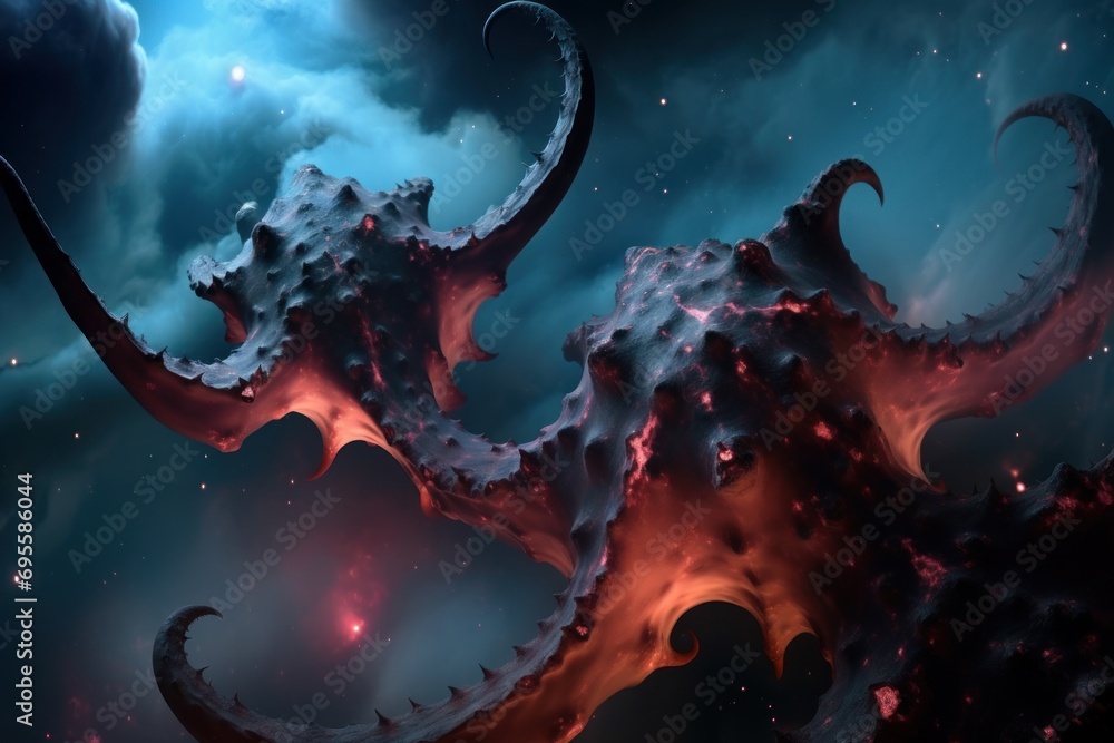 Poster a computer generated image of a dragon like creature in the night sky with stars and clouds in the f