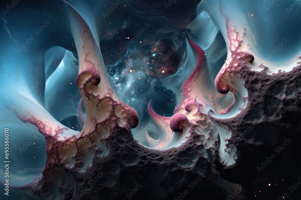 Poster a close up of a computer generated image of a blue, pink and white swirl on a black background with 