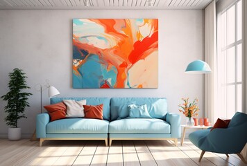 A vibrant painting of a colorful scene adorns the wall of a modern living room. Generative AI