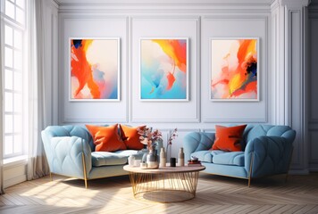 Modern Living Room with Blue Couches and Artwork Generative AI