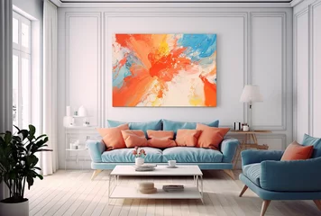 Tragetasche A large, colorful abstract painting hangs on the wall of a living room, surrounded by blue furniture and decorative items. Generative AI © BIPUL