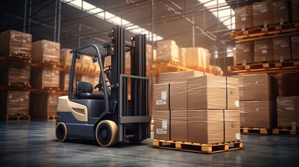 A blue forklift in a warehouse with brown boxes Generative AI