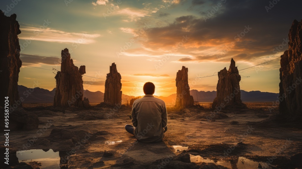 Aufkleber a man sitting on a rock in the middle of a desert with the sun setting behind him and the sky reflec