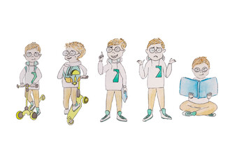 The character, a boy, conveys emotions and movements, actions, rides a yellow scooter with a backpack in a white T-shirt and light trousers, pants in sneakers, thinks,sits,reads a blue book,stands