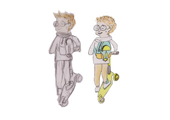 The character, a boy, conveys emotions and movements, actions, rides a yellow scooter with a backpack in a white T-shirt and light trousers, pants in sneakers, thinks,sits,reads a blue book,stands