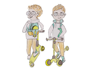 The character, a boy, conveys emotions and movements, actions, rides a yellow scooter with a backpack in a white T-shirt and light trousers, pants in sneakers, thinks,sits,reads a blue book,stands